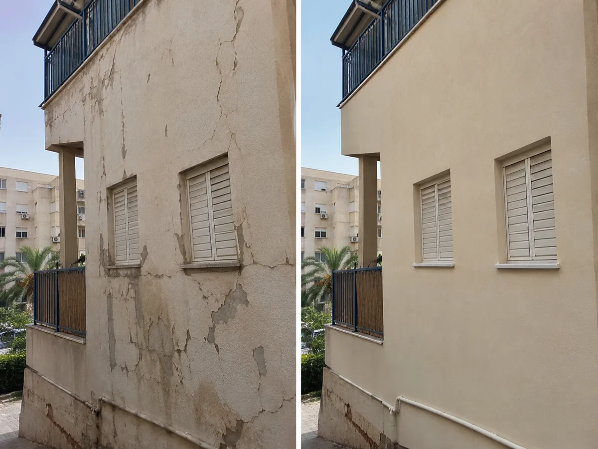 לפני ואחרי תיקון ואיטום קיר חיצוני