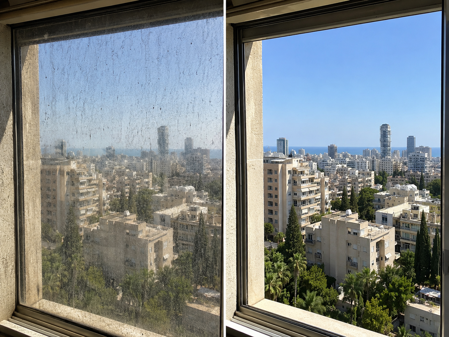 לפני ואחרי ניקוי חלונות בגובה