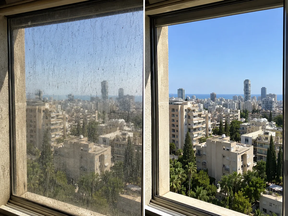 לפני ואחרי ניקוי חלונות בגובה