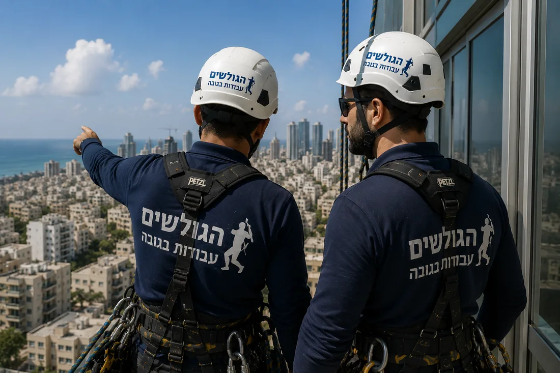 צוות עבודות בגובה משקיף על העיר לפני עבודה